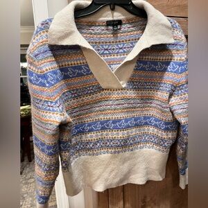 J. Crew Blue and Cream Patterned V-Neck Sweater